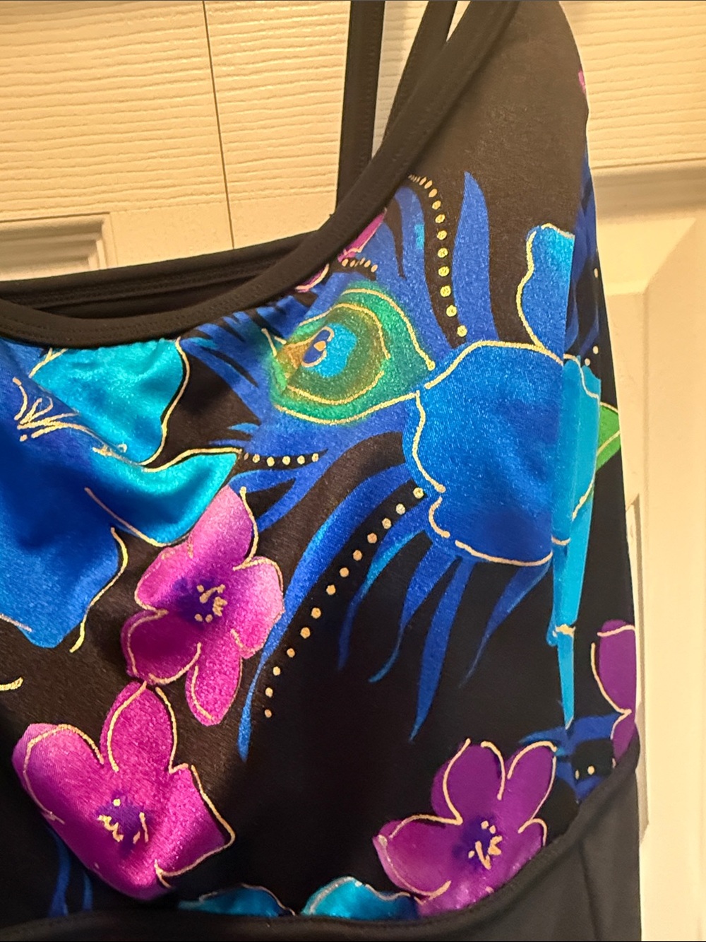 Longitude Black One-Piece Swimdress with Blue & Purple Floral Bodice - Picture 2 of 8